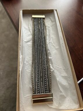 Multi-Row Gray Crystal Bracelet with Gold Accents